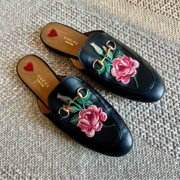 Gucci women’s Princetown embroidered black floral rose mules size 40 1/2 - Picture 1 of 14